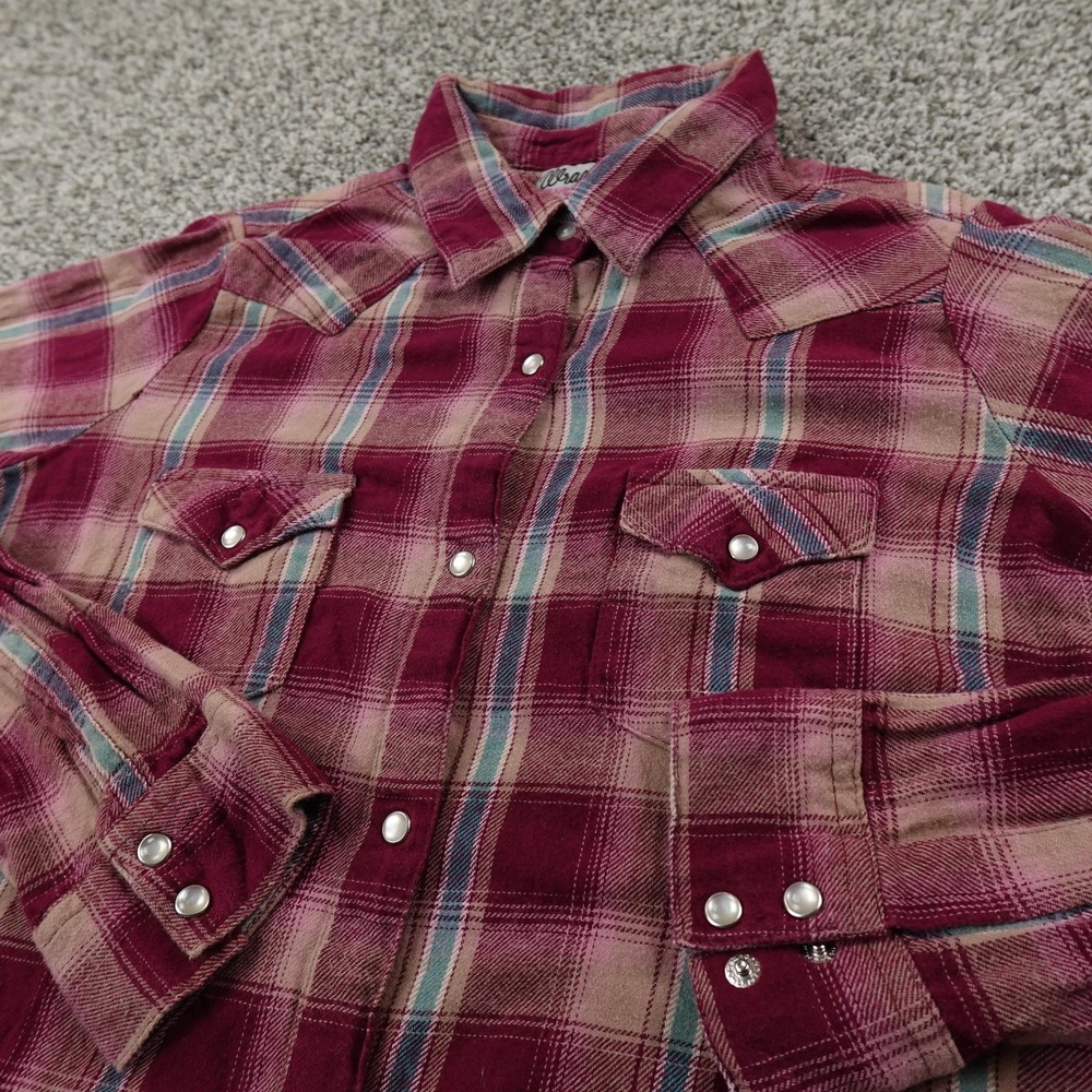 Wrangler Shirt Womens M Pink Plaid Flannel Western Pearl Snap Long Sleeve Rodeo